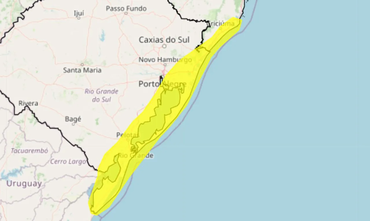 O mapa mostra as áreas em alerta para ventos costeiros 